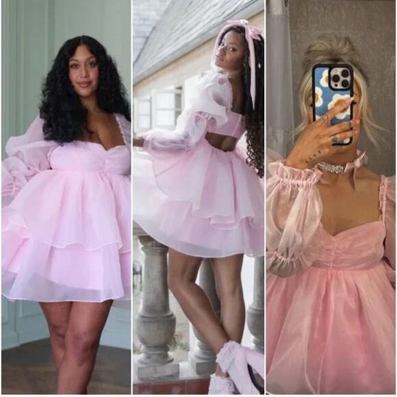 Selkie Ballerina Pink Long Sleeve Tiered Chiffon Puff Mini Moonlight Dress - Picture 5 of 10